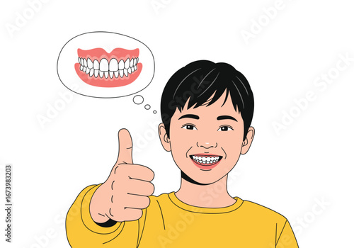 Young person feeling confident about their dental health giving a thumbs up sign and thinking about their new dentures