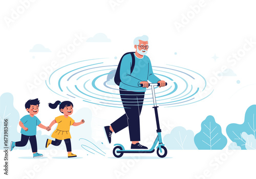 An older man rides an electric scooter with two children running alongside him in a park