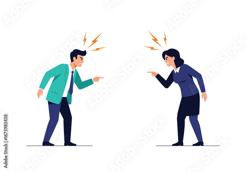 People arguing during a heated conflict discussion showing disagreement and frustration with anger symbols