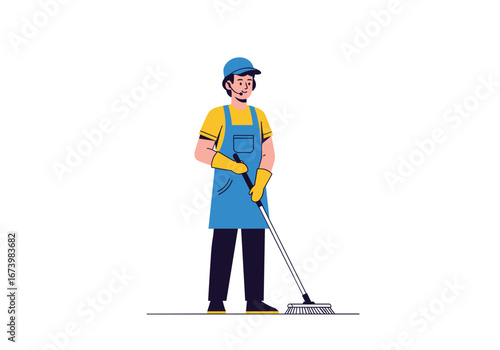 Professional cleaner performing routine housekeeping tasks with cleaning equipment indoors