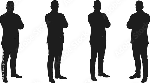 Silhouette businessmen standing confidently with folded arms, corporate leadership teamwork concept, professional office workers pose symbolizing success authority power