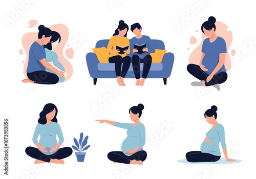 Illustrations depicting pregnant women in various poses and activities