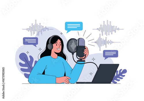Recording digital audio content with a woman using a professional microphone and headphones in a studio environment