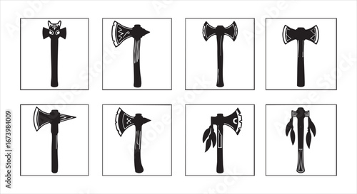 Collection of various axe designs isolated on white background, featuring different blade shapes and handle styles, representing tools for battle and lumberjacking