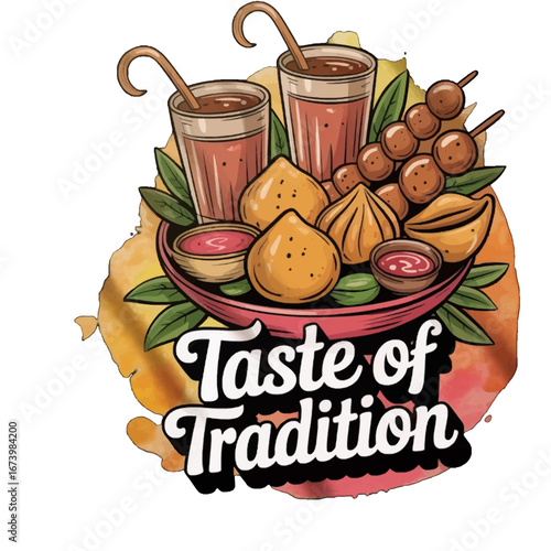 Hand-drawn 'Taste of Tradition' logo with Asian street food, Illustration of traditional street food snacks and hot beverages, Vector illustration of a traditional food platter 