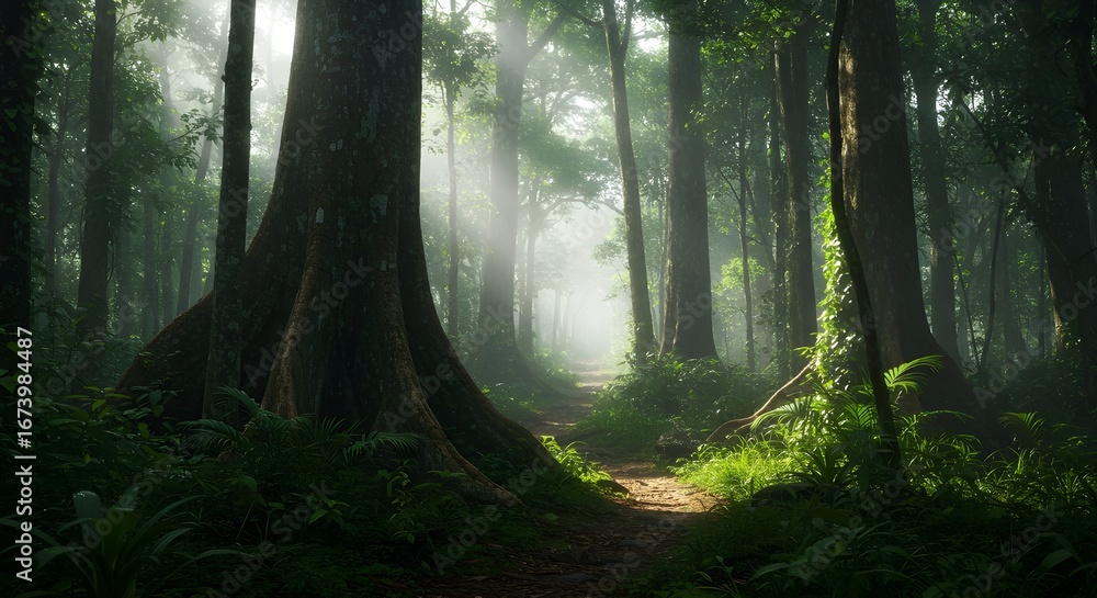 Obraz premium Mystical ancient forest with sunlight rays through big trees 