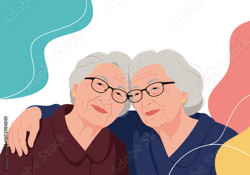 Two elderly women embrace sharing a tender moment of friendship and connection
