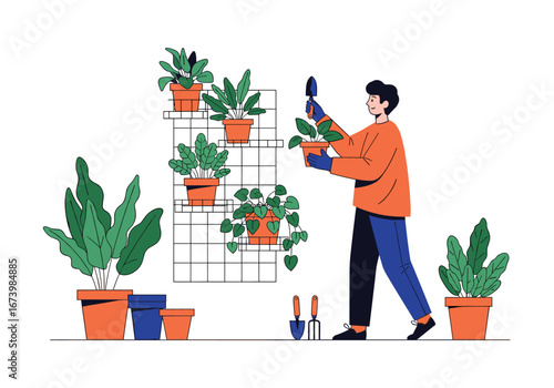 Gardening enthusiast tending to potted plants indoors on a bright day with natural light