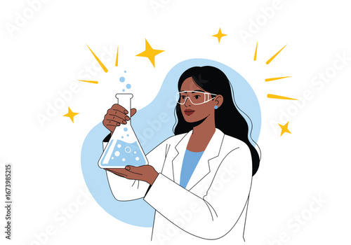 Inspiring woman scientist conducting a chemical experiment in a bright modern laboratory celebrating discovery and innovation