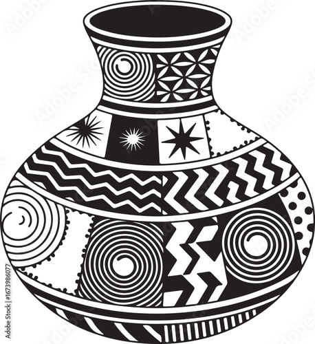 Sketch of an ancient handmade ceramic vase with a black and white decorative pattern