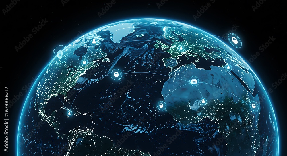 Obraz premium Earth Connection Network with Glowing Cities