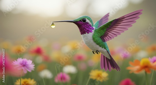 Hummingbird in flight among flowers