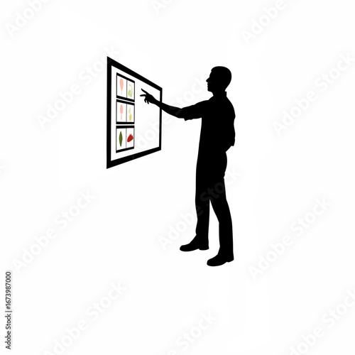 Inspector explaining food safety posters to local shopkeepers silhouette isolated on white background