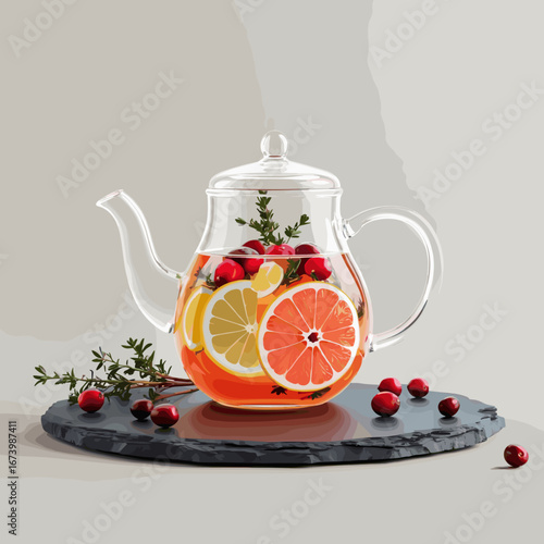 Decorative glass teapot with citrus fruits and cranberries on slate_herbal tea in glass pot  