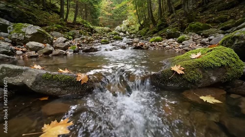Serene Mountain Stream Flowing Through Autumn Forest Floor