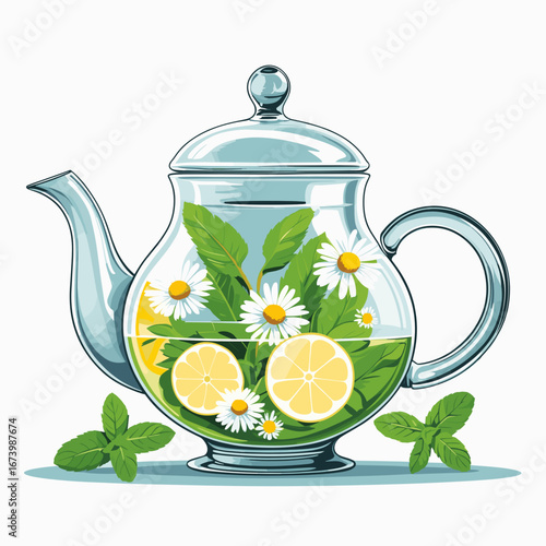 Glass teapot with chamomile flowers and lemon slices inside_herbal tea in glass pot  