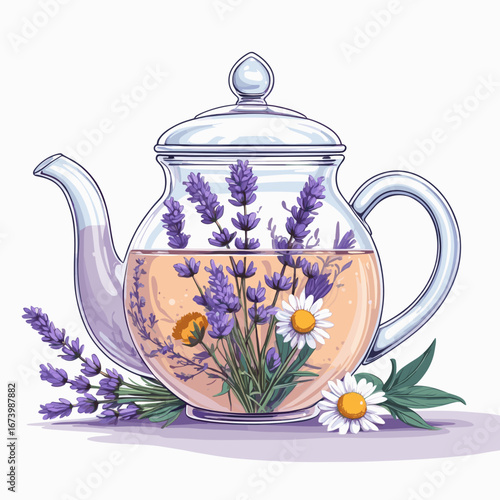 Teapot with lavender and chamomile flowers in modern illustration_herbal tea in glass pot  