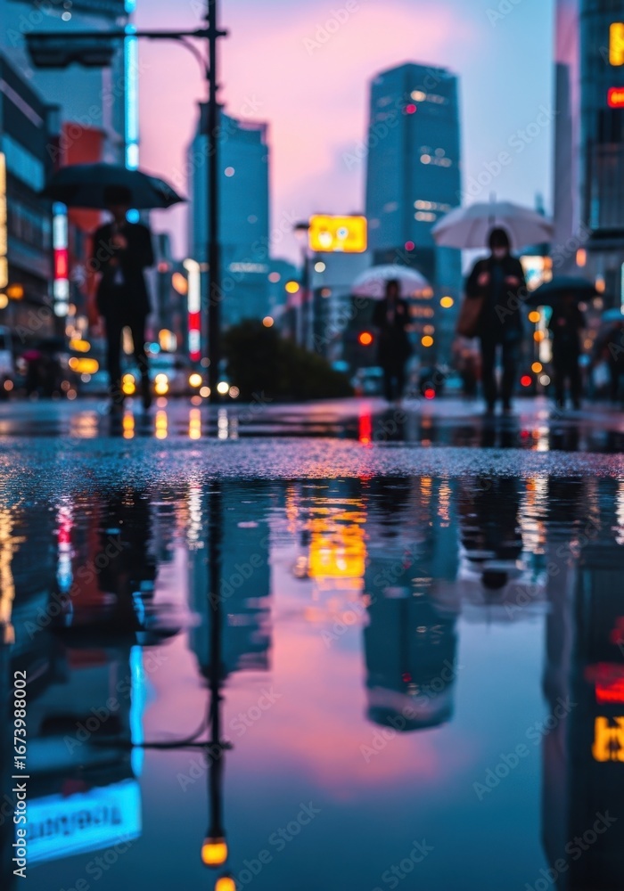 custom made wallpaper toronto digitalIlluminated Tokyo Street Reflections on a Rainy Evening with Pedestrians