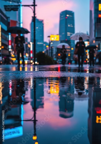 Wallpaper Mural Illuminated Tokyo Street Reflections on a Rainy Evening with Pedestrians Torontodigital.ca