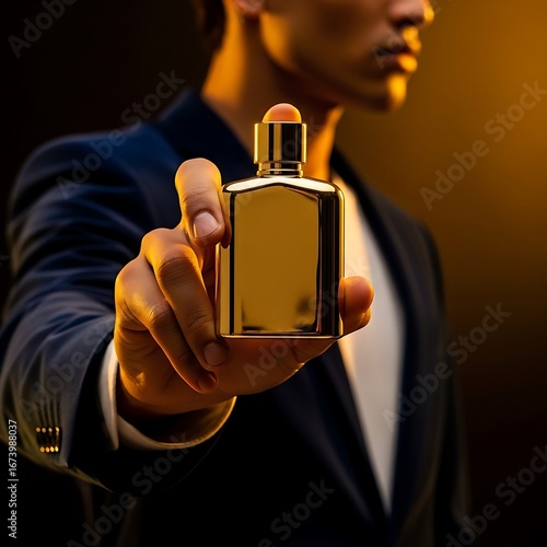 Elegant man in a suit presenting a luxurious golden perfume bottle with warm, dramatic lighting