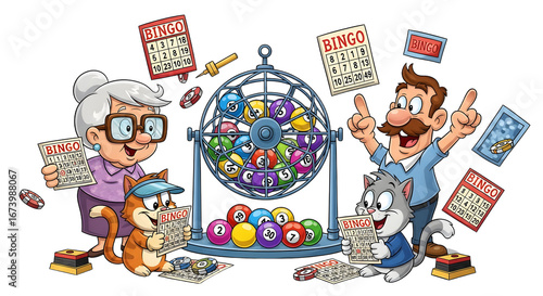 Cartoon Bingo Players with Bingo Cage and Cards