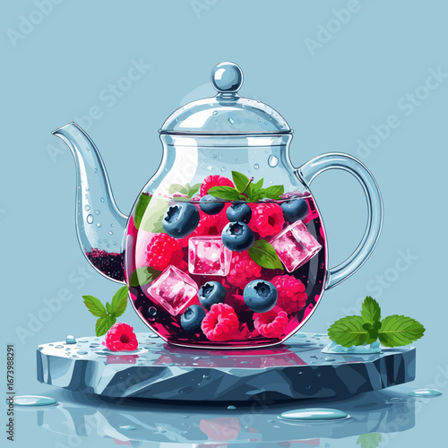 Refreshing fruit-infused tea with berries and mint in glass teapot_herbal tea in glass pot 