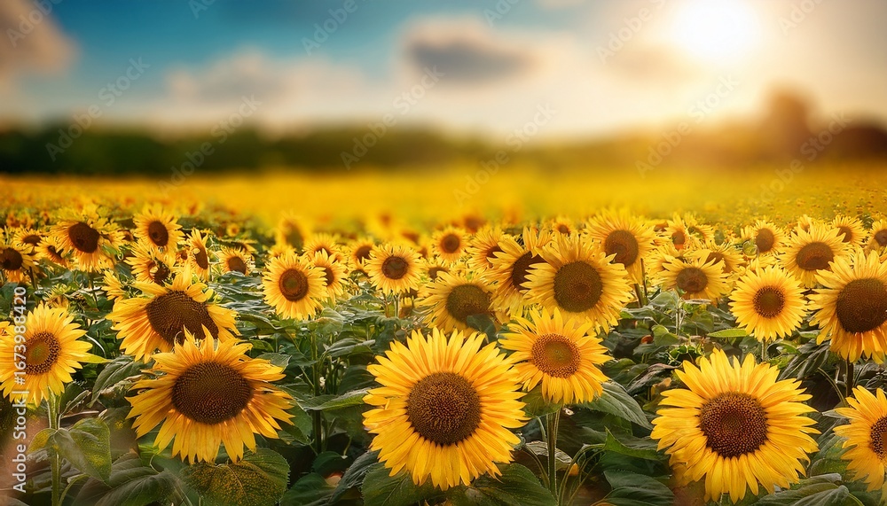 Fototapeta premium sunflower field on a warm sunny day with blurred background