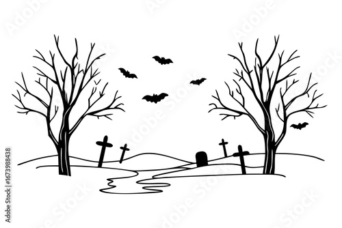 Spooky Halloween graveyard scene with bare trees, flying bats, and tombstones. Black and white line art vector illustration for scary holiday design