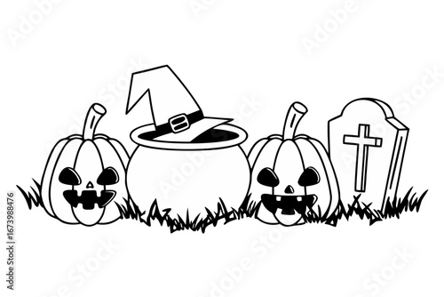 Delightful Halloween coloring page featuring smiling jack-o'-lanterns, a witch's cauldron and hat, and a spooky tombstone on a grassy patch
