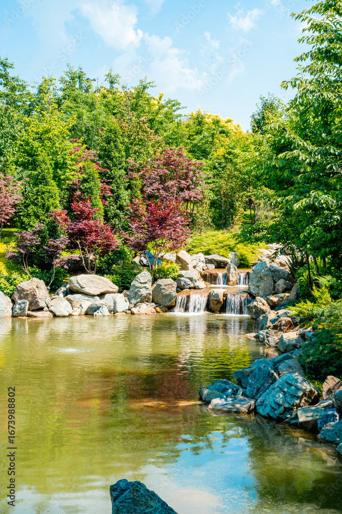 Fototapeta premium beautiful nature scenic picture with green grass, neat lawn, rocks and pond lake, green trees, bushes, colorful trees and grass in japanese style