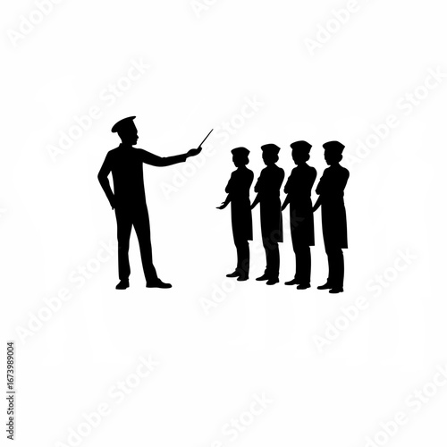 Restaurant staff receiving hygiene training from inspector silhouette isolated on white background