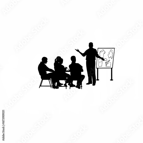Inspector explaining hygiene rules to school canteen staff silhouette isolated on white background