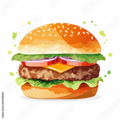 Juicy Cheeseburger with Sesame Bun and Fresh Vegetables