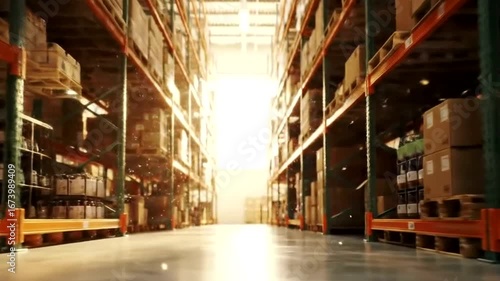 Wallpaper Mural Sunlight streaming through a large warehouse, illuminating rows of stacked boxes on tall metal shelves Torontodigital.ca