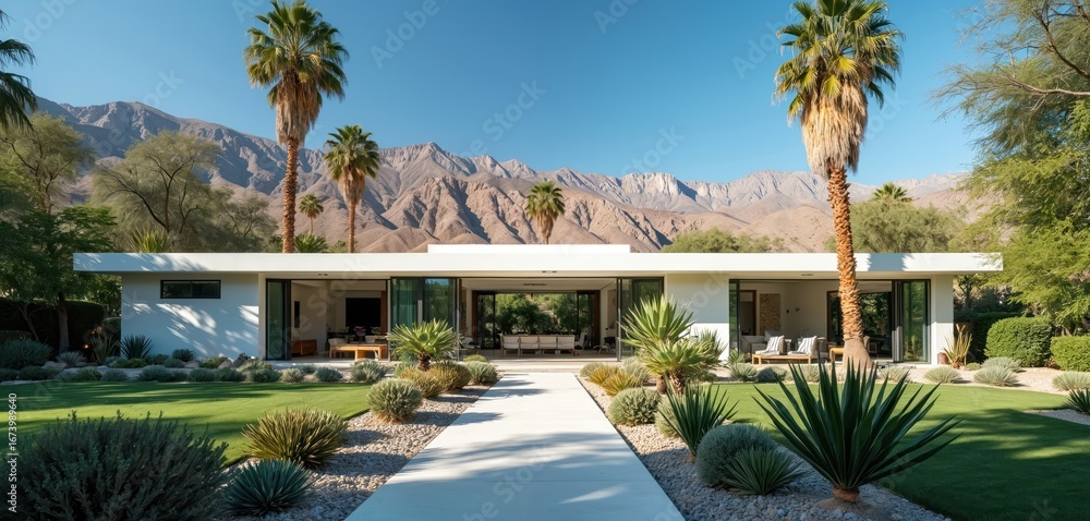 Fototapeta premium Modern Palm Springs home offers serene desert retreat with vibrant plants, clear blue skies. Stylish residence boasts minimalist architecture, open spaces, landscaping creating idyllic oasis for