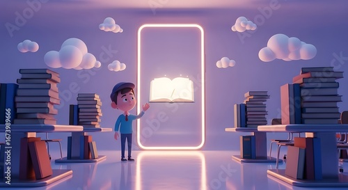 Digital knowledge gateway Animated character accessing online learning resources in a stylized, cloud-filled library environment