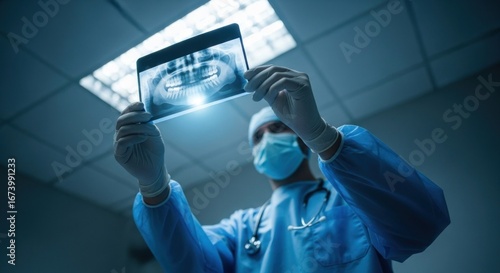Surgeon in scrubs examines a dental X-ray under bright surgical lights