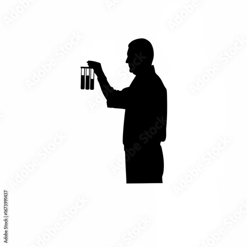 Inspector silhouette holding contaminated food samples in test tubes isolated on white background
