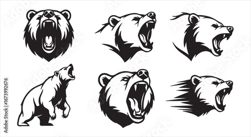 Six fierce bear head illustrations showcase the animals power and aggression, isolated on white background, perfect for logo, tattoo, or graphic design