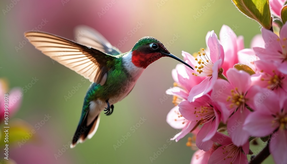 Fototapeta premium Anna hummingbird hovers near vibrant pink spring blossoms, feeding on sweet nectar. Macro shot captures delicate wings, red throat, green body. Blurred bokeh background enhances beauty of avian fauna