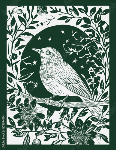 landscape lino cut illustration drawing flower illustration tree mountain flowers road park bird moon finch