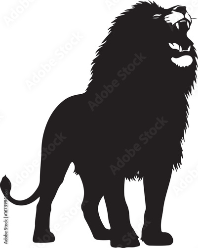 Black silhouette of a roaring lion with a full mane