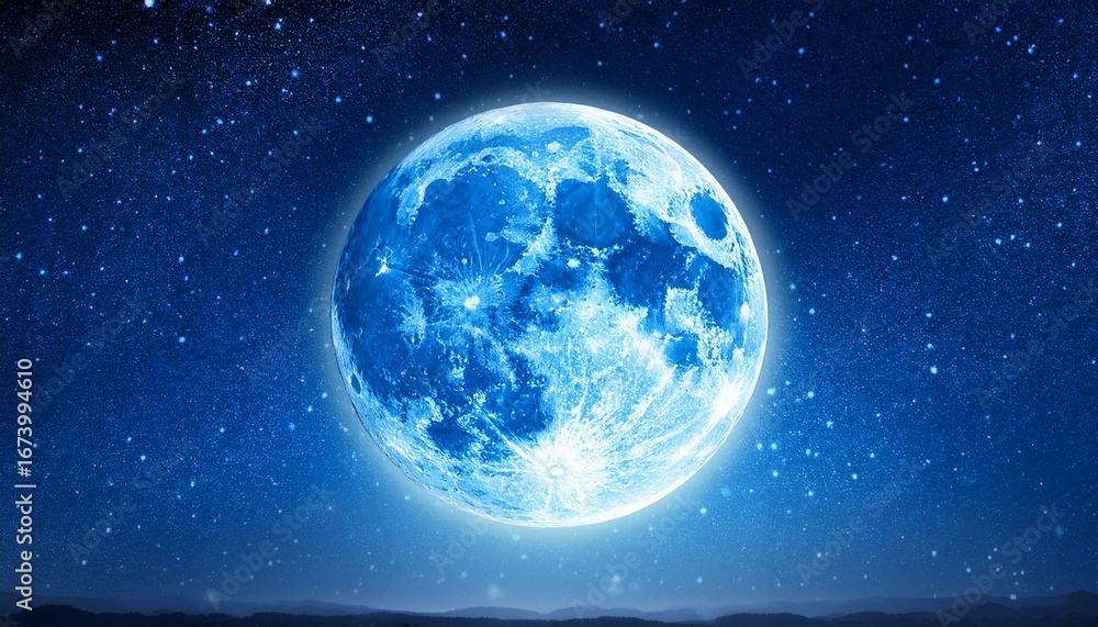 Fototapeta premium full moon with blue tones and luminous glow in a clear night sky with stars