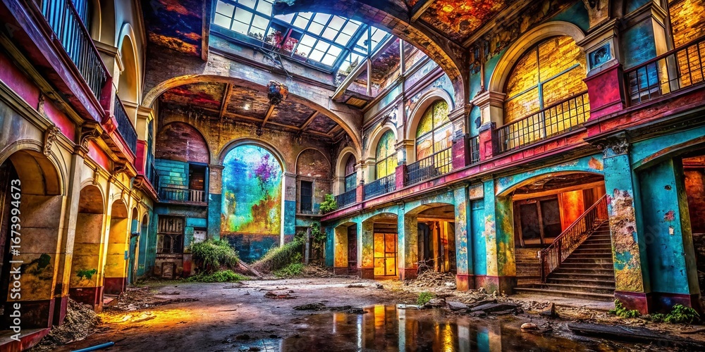 Fototapeta premium Abandoned Urban Building Exploration: Decaying Beauty, Intriguing Textures, Light and Shadow Play