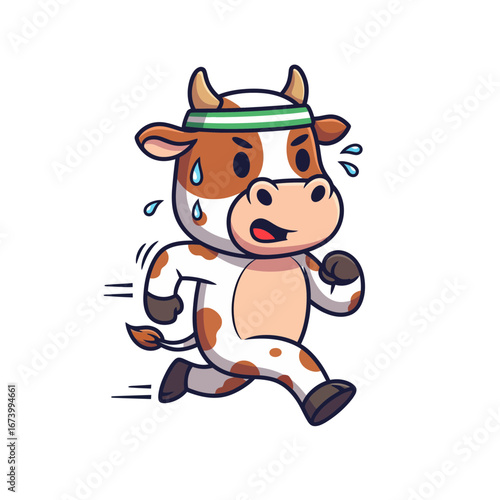 Cute cartoon cow character jogging with a headband, sweating during a fitness workout. Funny farm animal mascot running, vector illustration for a healthy lifestyle concept