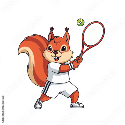 A playful cartoon squirrel dressed in a white sports uniform energetically swings a tennis racket, ready to hit the ball in a competitive match