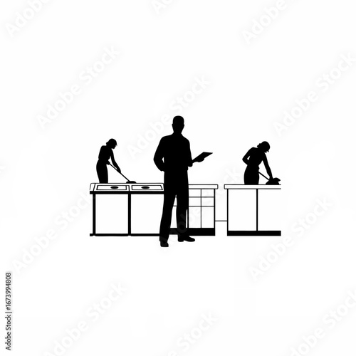 Inspector observing cleaning staff disinfecting kitchen surfaces silhouette isolated on white background