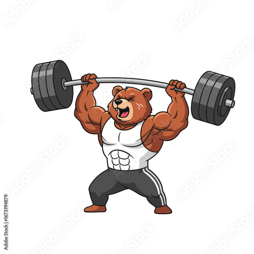 Strong cartoon bear weightlifter character lifting a heavy barbell overhead. A powerful mascot for gym, fitness, and bodybuilding motivation