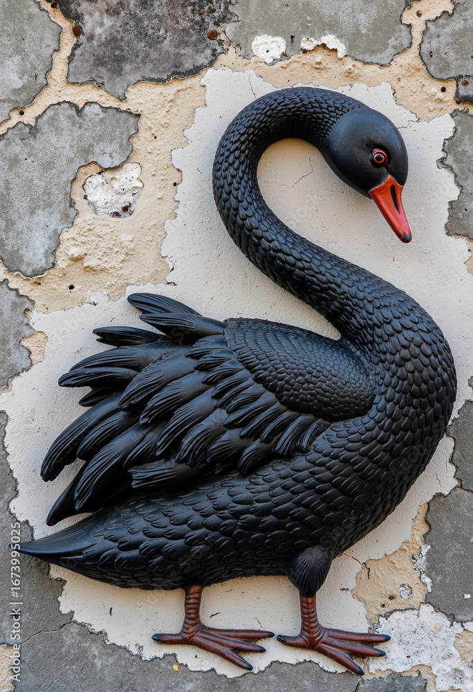 Naklejka premium An elegant black swan sculpture with a striking red beak, gracefully poised against a rustic, weathered wall, embodying a unique and artistic decorative piece.