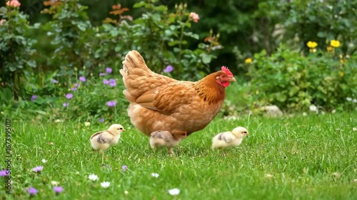 Hen and Chicks Grazing in a Lush Garden with Flowers